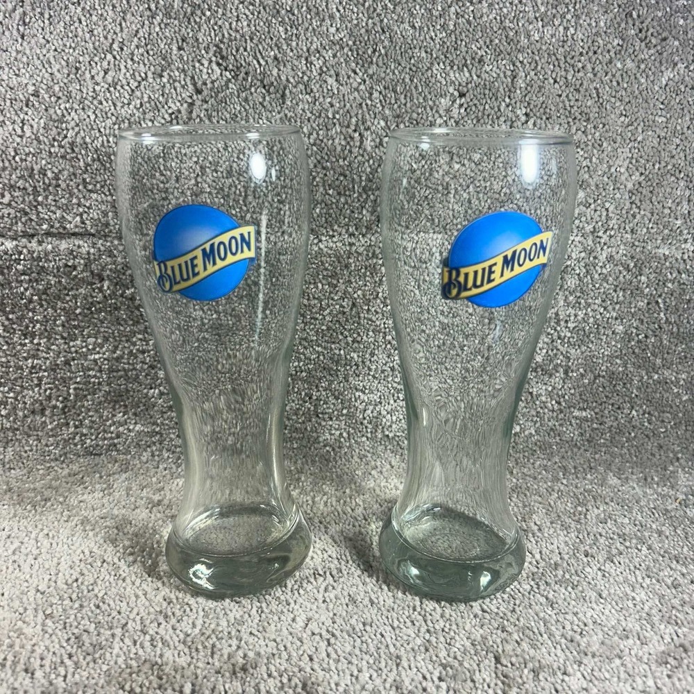 Blue Moon Beer Pilsner Glasses Clear Logo Barware Set of 2 8.25in